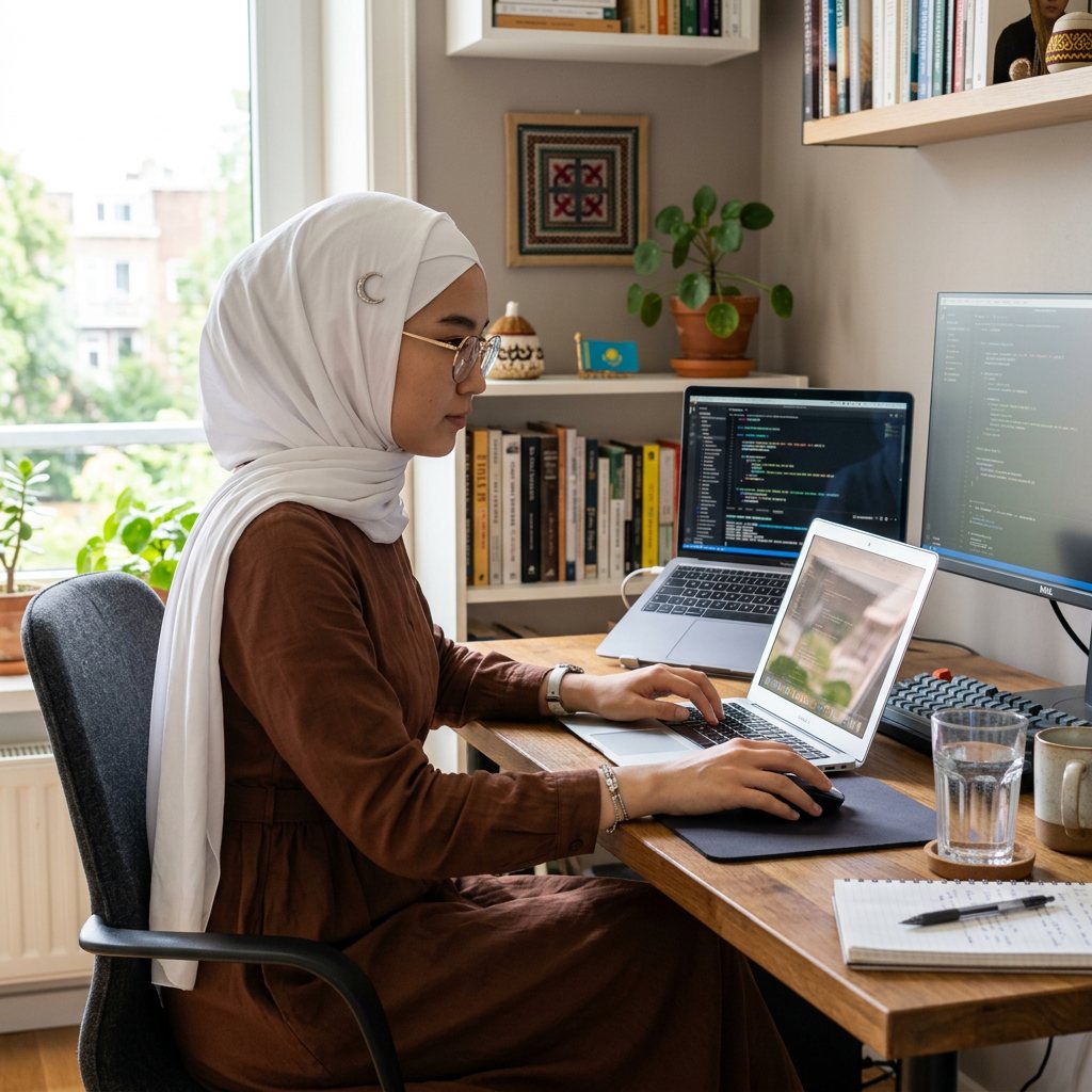 A Muslim student in hijab working at her desk between two laptops