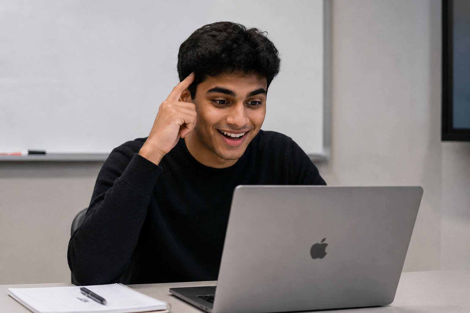 A student lighting up mid-idea at her laptop